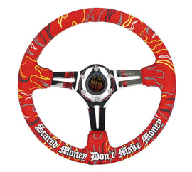 NRG Reinforced Steering Wheel R Litteral Sig 3in Deep/5mm Chrm Spk - Red Alc w/ Red Stitch