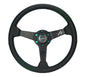 NRG Steering Wheel 1.5in Dish 350mm Black Perforated Leather - Emerald Stitching - Reinforced Spoke