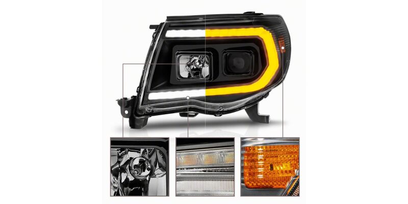 Raxiom 05-11 ToyotaTacoma Axial Series Switchback Projector Headlights- Black Housing- Clear Lens