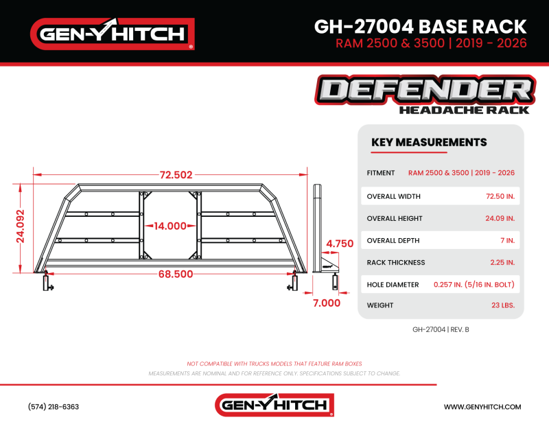 Gen-Y 19+ Dogde Ram 2500/3500 Defender Headache Rack Only - Black
