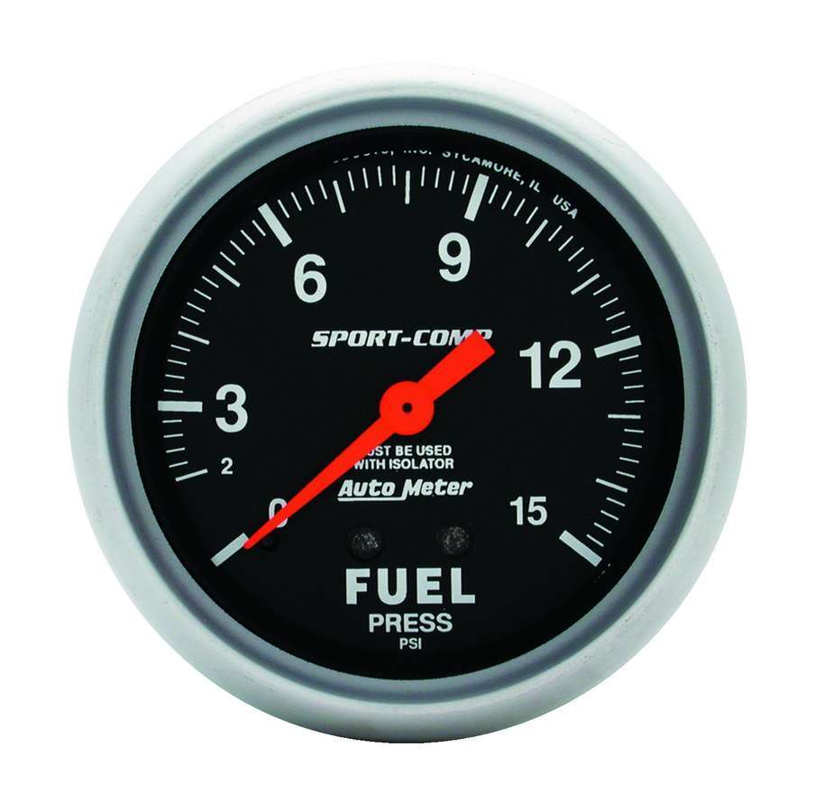 GAUGE, FUEL PRESSURE, 2 5/8", 15PSI, MECHANICAL W/ISOLATOR, SPORT-COMP
