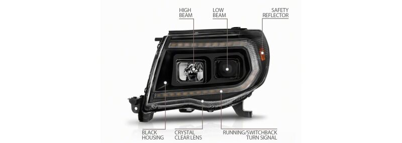 Raxiom 05-11 ToyotaTacoma Axial Series Switchback Projector Headlights- Black Housing- Clear Lens