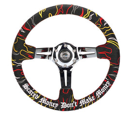 NRG Reinforced Steering Wheel R Litteral Sig 3in Deep/5mm Chrm Spk - Blk Alc w/ Red Stitch