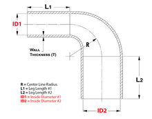 Load image into Gallery viewer, HPS 2-3/8" - 2-3/4" ID High Temp 4-ply Reinforced Silicone 90 Degree Elbow Reducer Hose Black (60mm - 70mm ID)