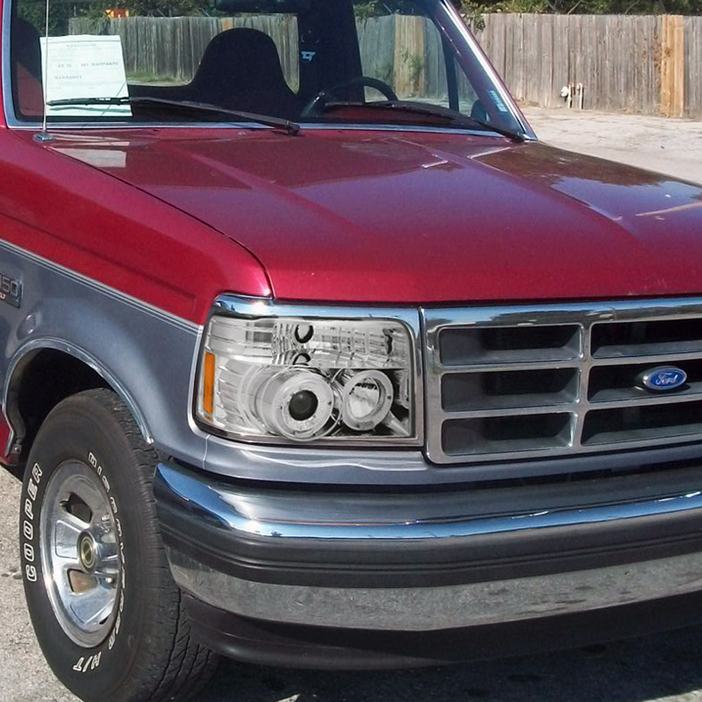 Spec-D Tuning  1992-1996 Ford F-150 F-250 F-350 Bronco Dual Halo Projector Headlights (Chrome Housing/Clear Lens)