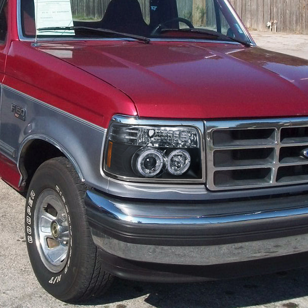 Spec-D Tuning 1992-1996 Ford F-150 F-250 F-350 Bronco Dual Halo Projector Headlights (Matte Black Housing/Clear Lens)